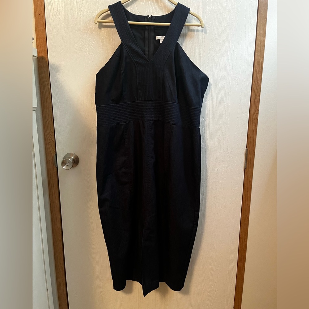 New York & Company Black Midi Dress with V-Neck Halter